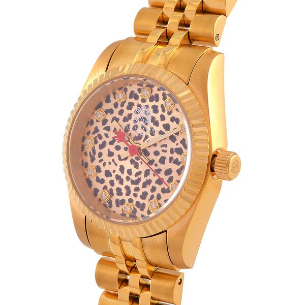 WILLIAM HUNT Moissanit-Akzent-Uhr, Schweizer Uhrwerk und Gold-Schneeleoparden-Zifferblatt image number 2