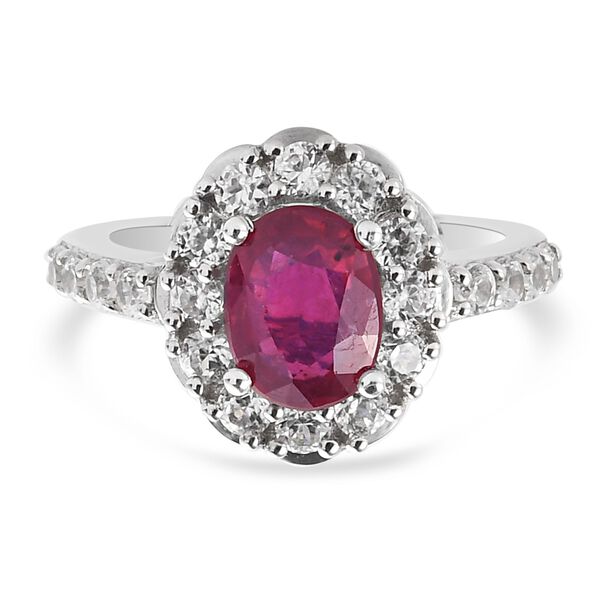 Fissure gef&uuml;llt Rubin und Zirkon Halo Ring 925 Silber Platin-&Uuml;berzug