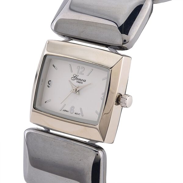 GENOA Terahertz Armbanduhr - Japanisches Uhrwerk, Legierungsgeh&auml;use, Stahlplattierung, Wei&szlig;es Zifferblatt, 9 Terahertz-Steine im Elastikarmband, Wasserresistent, 30x27,8?mm, Silber, ca. 430?ct image number 3