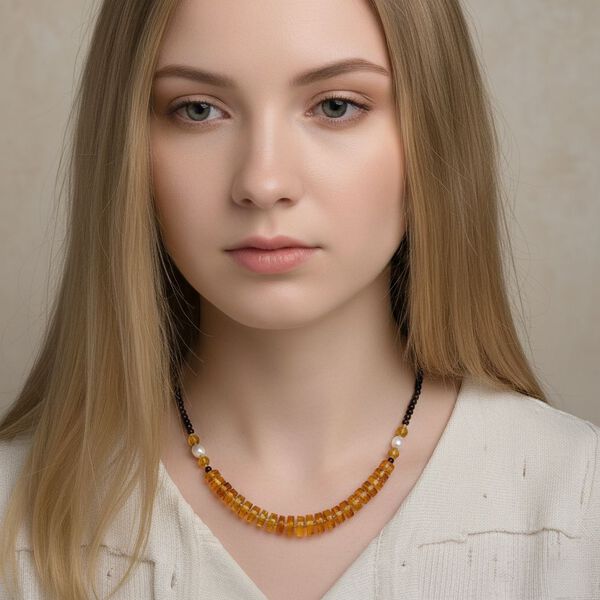 D'Joy Wei&szlig;e S&uuml;&szlig;wasser Perle (6-8 mm), Mehrfarbiger Bernstein Halskette ca. 50 cm 925 Silber vergoldet image number 3