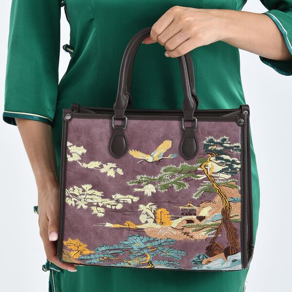 Bestickte Crossbody Tasche, Kunstleder, Blumen Design, 32 x 12 x 25 cm, Dunkelviolett image number 3
