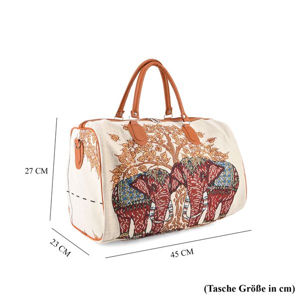 "Life style Color:White with red elephant print /Profile:Duffel bag wall(exterior):Polyester    Lining(interior): polyester; Pockets(exterior):Zipped-1 Pockets(interior):none Measurement:45*23*27cm         " image number 8