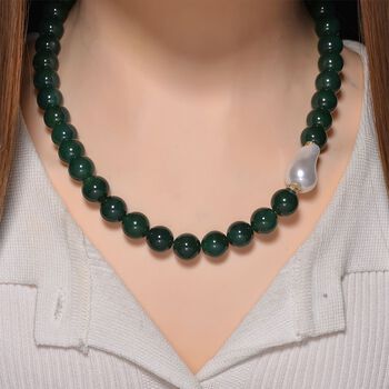 Verde Onyx, Wei&szlig;e Muschelkernperle, Wei&szlig;er Zirkonia Halskette ca. 50 cm Reiner Edelstahl Standard gelb vergoldet