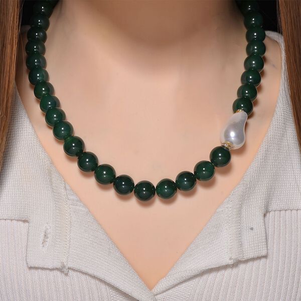 Verde Onyx, Wei&szlig;e Muschelkernperle, Wei&szlig;er Zirkonia Halskette ca. 50 cm Reiner Edelstahl Standard gelb vergoldet image number 3