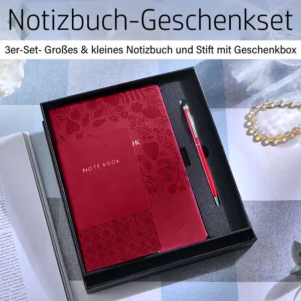Premium Set; Notizbuch und Taschentagebuch mit geschnitztem, samtigem Hardcover und Kugelschreiber, Rot image number 2