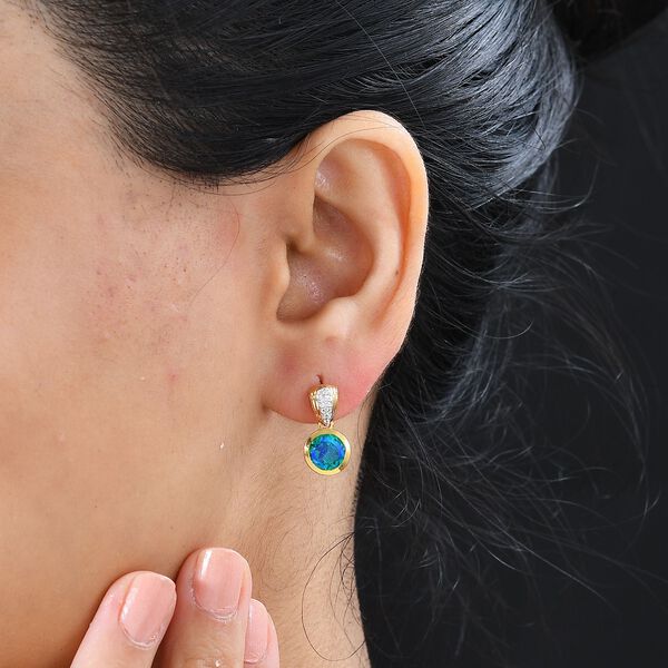 Pfau Quarz Triplette, Weißer Zirkon Ohrringe 925 Silber 750 Gelbgold Vermeil ca. 2,89 ct. image number 3