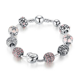 Designer-inspiriertes Charm-Armband - Mehrfarbige Glas mit Rosa Kristall, Messing rhodiniert, 19 cm, Silber-/Rosafarben