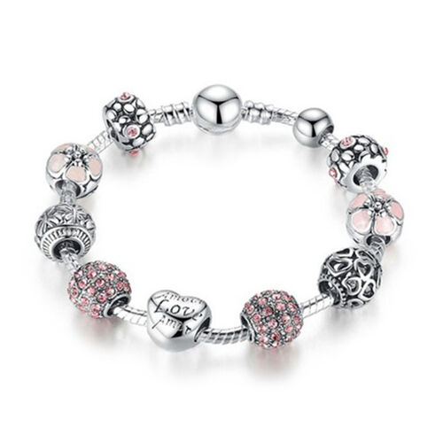 Designer-inspiriertes Charm-Armband - Mehrfarbige Glas mit Rosa Kristall, Messing rhodiniert, 19 cm, Silber-/Rosafarben image number 0