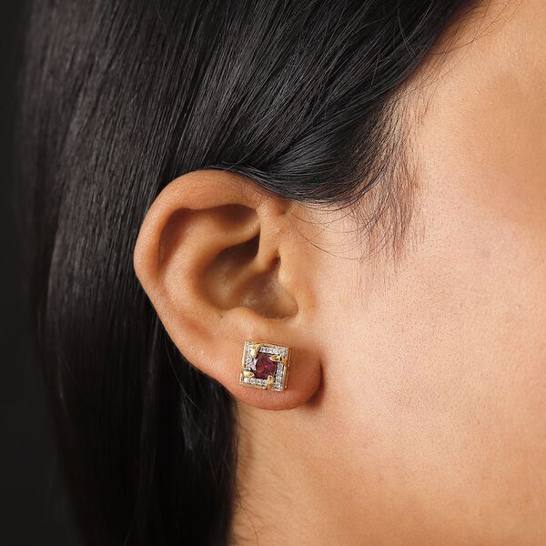 AA Rhodolith Granat, Weiße Zirkon Ohrringe, 925 Silber 750 Gelbgold Vermeil ca. 1.75 ct image number 3