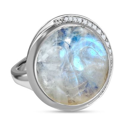 AA Premium Regenbogen Mondstein, wei&szlig;er Zirkon Ring, 925 Silber platiniert (Gr&ouml;&szlig;e 18.00) ca. 18.45 ct