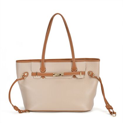 life-style:Genuine Leather Tote bag Color: Beige with brown L:41*W:15*H:26cm ,Handle drop:22CM  Wall: Genuine Leather Lining: Polyester Exterior:zipped-1,  Interior: slip-1,zipped-1 