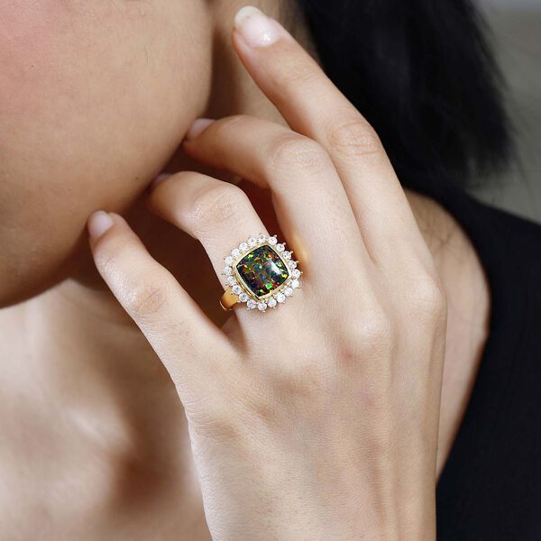 Lab Grown schwarzen Opal, Wei&szlig;er Zirkon Ring, 925 Silber Gelbgold Vermeil (Gr&ouml;&szlig;e 21.00) ca. 3.69 ct image number 3