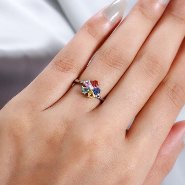 Mehrfarbig Saphir und Zirkon Blumen Ring 925 Silber Platin-Überzug image number 3