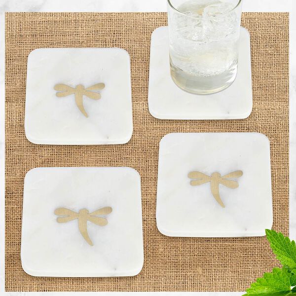 NAKKASHI 4er-Set, Marmor Untersetzer mit Messingintarsie, Libelle, Gr&ouml;&szlig;e 10x10 cm, Wei&szlig; image number 3