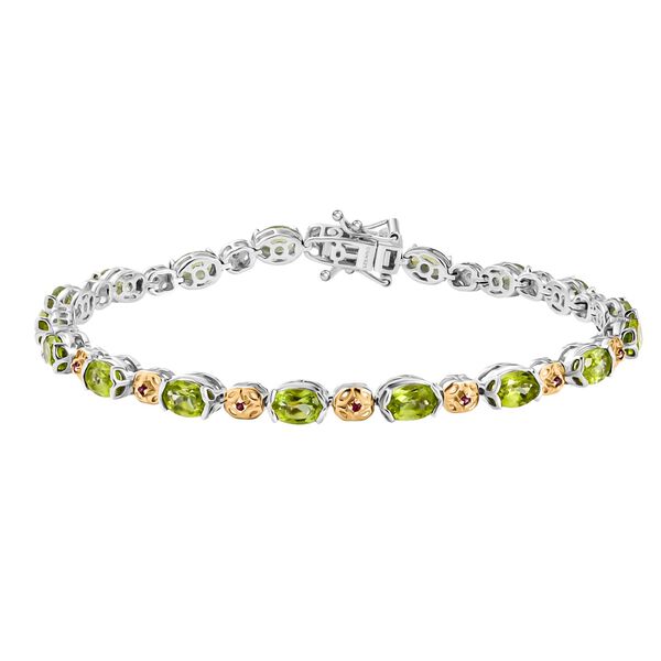 D'joy Nat&uuml;rlicher Peridot, Nat&uuml;rlicher Rhodolith Granat Armband ca. 20 cm 925 Silber Rhodiniert und 750 Gelbgold Vermeil ca. 8.62 ct