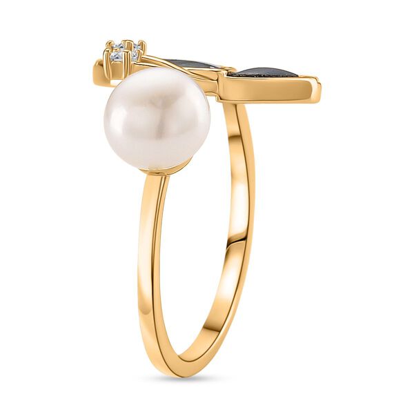Weiße Süßwasser Perle, Weißer Zirkonia Ring Flexibles (Größe 17.00-18.00), Nickelfreies Messing gelb vergoldet image number 3