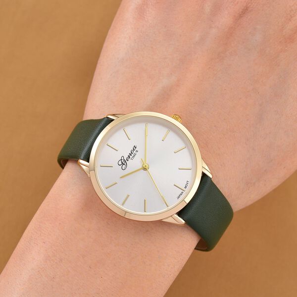 GENOA TIME V2 - Quarzuhr mit japanischem PC21S Werk, weißem Zifferblatt und grünem Lederarmband, goldfarbenem Gehäuse, 3 ATM wasserdicht image number 2