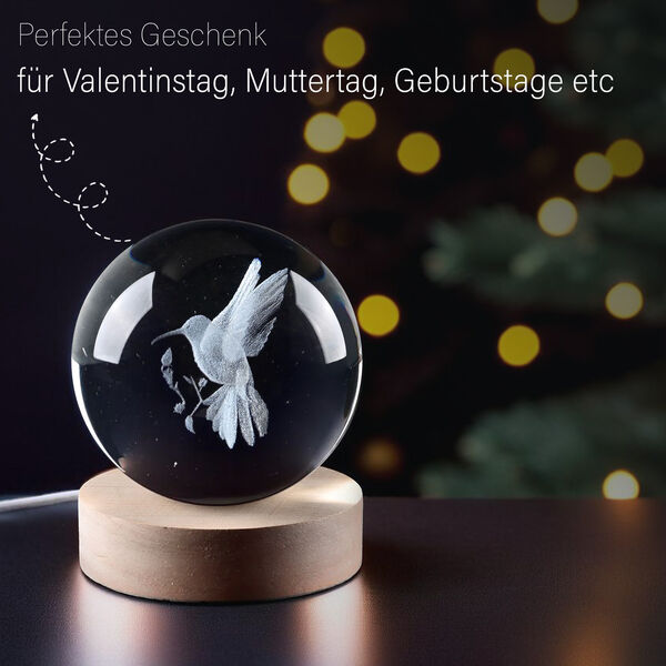3D Kristallkugel mit LED-Licht und Holzsockel, Pusteblume image number 4