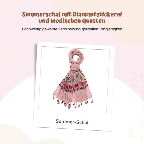 Leichter Sommer-Schal mit Diamantstickerei und Fransen, 68x180 cm, Pink image number 2