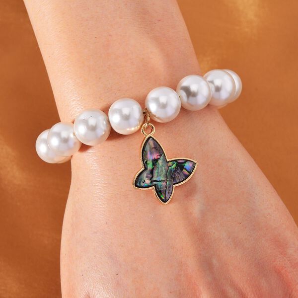 Weiße Muschelkernperle, Abalone Muschel Armband BR-Stretch Standard gelb vergoldet image number 2