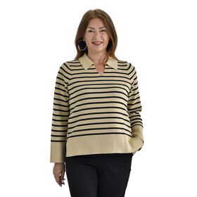 Gestreiftes Stricktop mit V-Ausschnitt, Baumwollmix, One Size, Beige