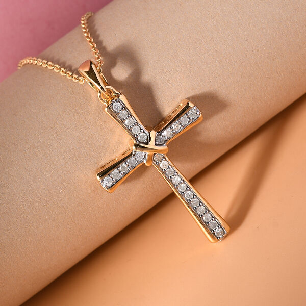 Diamant Kreuz-Anh&auml;nger mit Kette, 50 cm, 925 Silber Gelbgold Vermeil ca. 0,25 ct image number 3