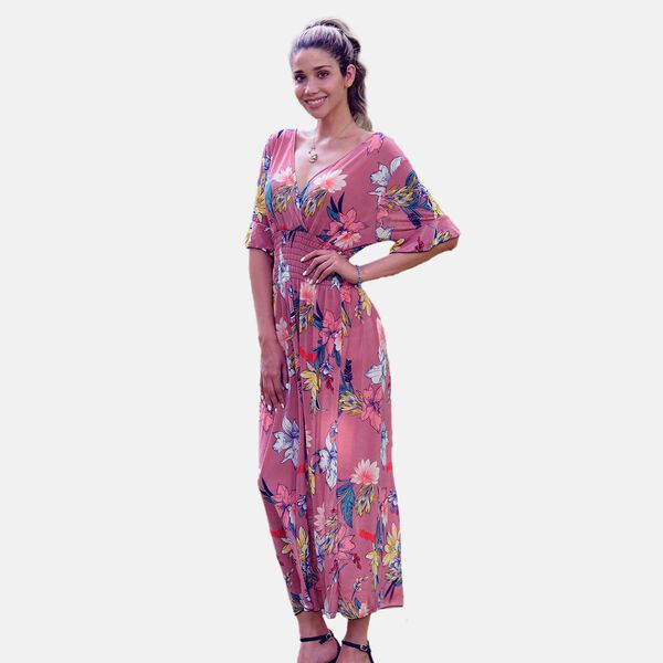 Gesmoktes Maxi-Kleid, Blumenmuster, Rosa image number 3