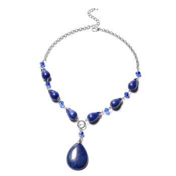 Lapislazuli Blauer Glas und Halskette ca. 45+5 cm, Silber-Ton 242,00 ct