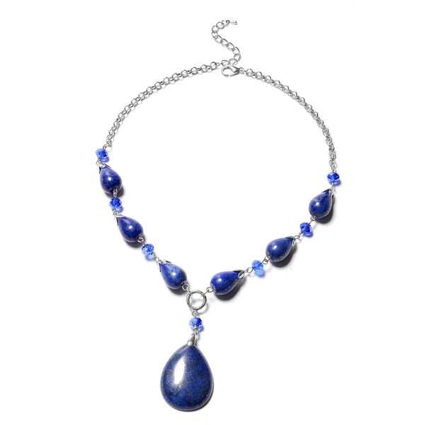 Lapislazuli Blauer Glas und Halskette ca. 45+5 cm, Silber-Ton 242,00 ct
