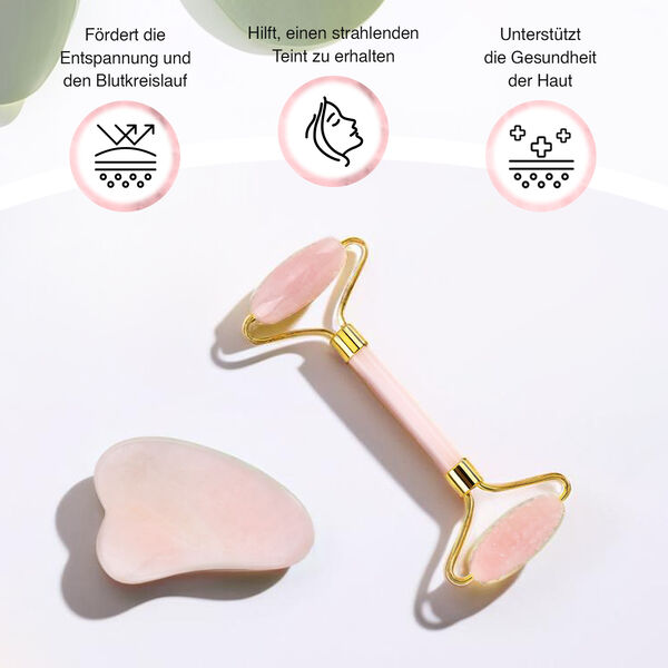 Set aus 2 Doppelkopf-Massageroller und GuaSha Rosenquarz Stein image number 3