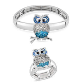 2er Set - Weißer Kristall, Blauer Kristall Flexibles Armreif and Flexibler Ring, silberfarben