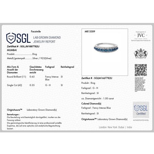 Lab Grown Blauer Diamant SI Ring 925 Silber rhodiniert (Größe 18.00) ca. 1,01 ct image number 7