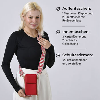 Crossbody-Handytasche mit RFID-Schutz und gemustertem Trageriemen, 19x6x11 cm, Rot