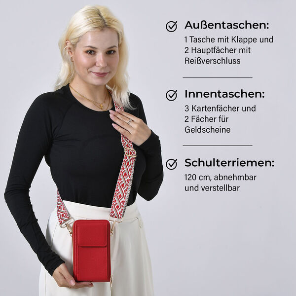 Crossbody-Handytasche mit RFID-Schutz und gemustertem Trageriemen, 19x6x11 cm, Rot image number 3