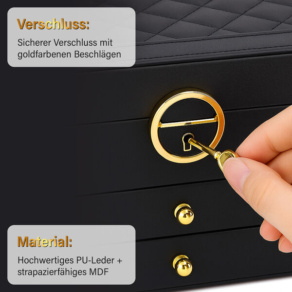 3-lagige Schmuckbox aus PU mit Diamantmuster und 5 Silberpoliertücher, schwarz image number 3