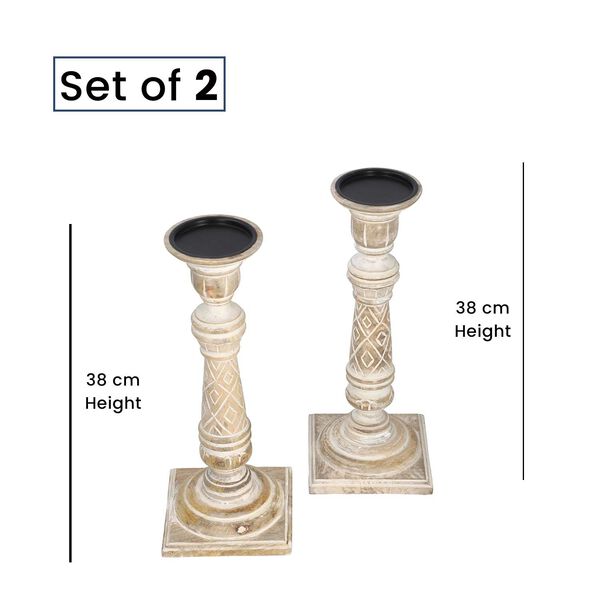 Set aus 2 antiken geschnitzten Holzkerzenhaltern mit quadratischem Ständer, 38cm, Beige image number 3