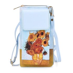 PU Handytasche mit RFID-Schutz, 20x11x2cm, Blau mit Sonnenblumen-Muster