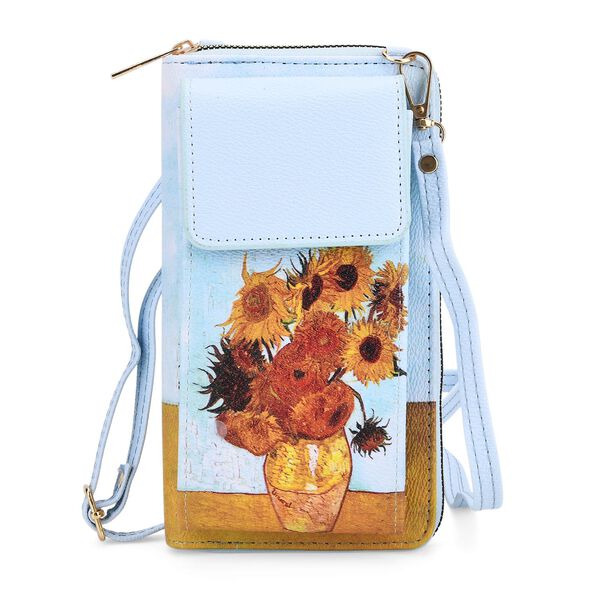 PU Handytasche mit RFID-Schutz, 20x11x2cm, Blau mit Sonnenblumen-Muster