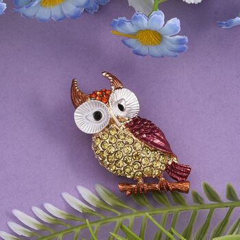 Emaillierte und mehrfarbige Kristall-Brosche, Eule