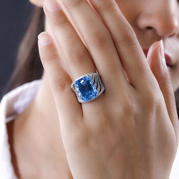 Elektrischer Blau Topas, wei&szlig;er Zirkon Ring, 925 Silber platiniert, (Gr&ouml;&szlig;e 18.00), ca. 17.16 ct