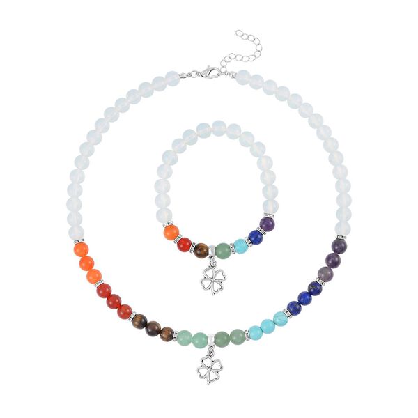 2er Set - Glücksklee Anhänger Set mit Mehrfarbigen und Opalit Edelsteinperlen Chakra Halskette und Armband image number 0