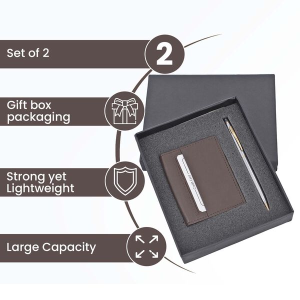 2er-Set, Echtleder Kreditkartenetui und Kugelschreiber, Braun image number 4