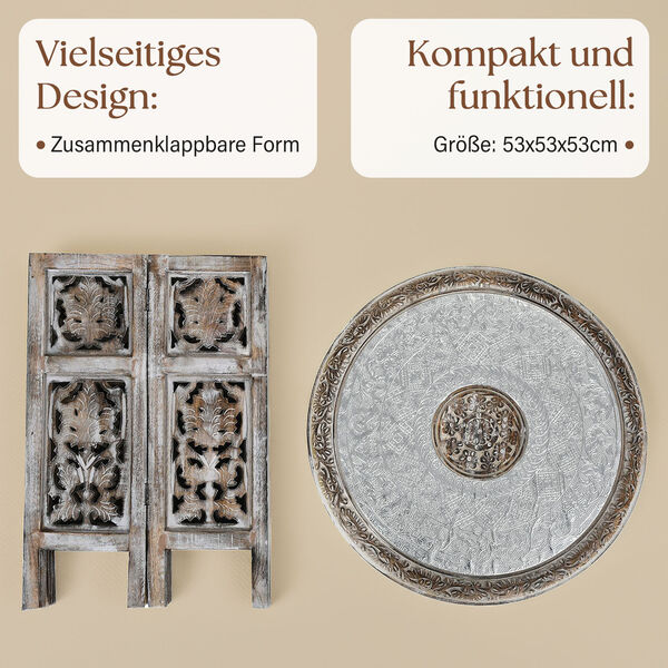 NAKKASHI - handgeschnitzter klappbarer Tisch aus Mangoholz mit handgeprägter Aluminiumplatte, 53x53x53 cm, weiß image number 4