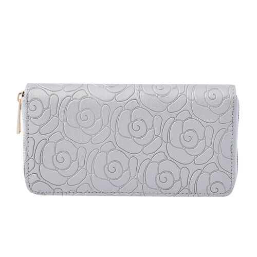 Lange Brieftasche aus naturfreundlichem Kunstleder, 19x2.5x10cm, florales Muster, silber image number 0