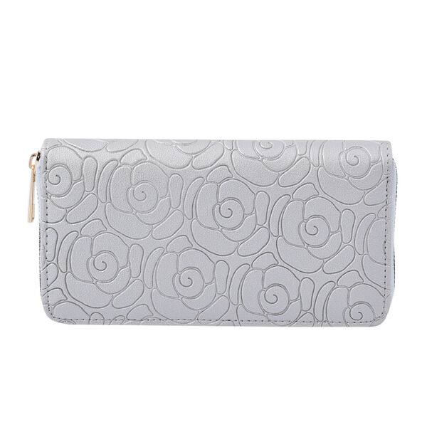 Lange Brieftasche aus naturfreundlichem Kunstleder, 19x2.5x10cm, florales Muster, silber