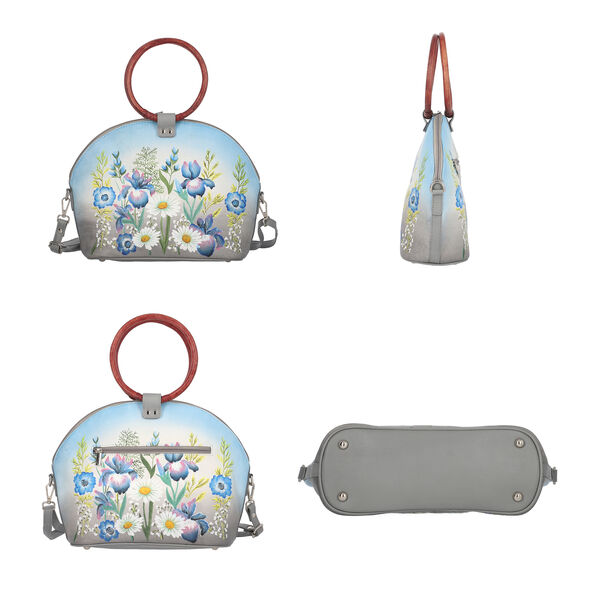 SUKRITI, Handbemalte 100 % Leder Tasche mit Maulbeerseiden Schal, Blumenmuster, Blau & Grau image number 3