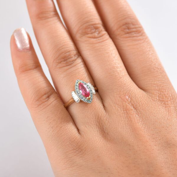 LUXORO zertifiziert und gepr&uuml;ft AAAA Padparadscha Saphir, Paraiba Turmalin und Diamant Ring in 585 Gold - 1,56 ct. image number 2