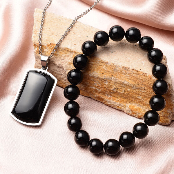 2er- Set Schwarzer Achat flexibel Armband und Anh&auml;nger mit Kette ca. 60 cm in Edelstahl image number 1