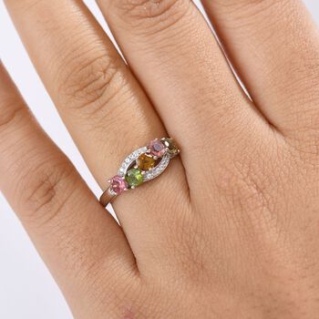 D joy Mehrfarbig-Turmalin, Wei&szlig;er Zirkon Ring 925 Silber platiniert (Gr&ouml;&szlig;e 19.00) ca. 1.18 ct