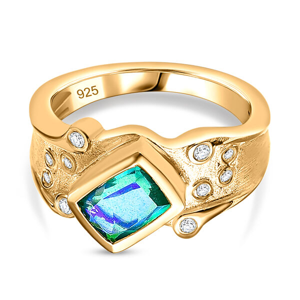 Pfau Quarz Triplette, Wei&szlig;er Zirkon Ring, 925 Silber, 750 Gelbgold Vermeil (Gr&ouml;&szlig;e 21.00), ca. 1.79 ct